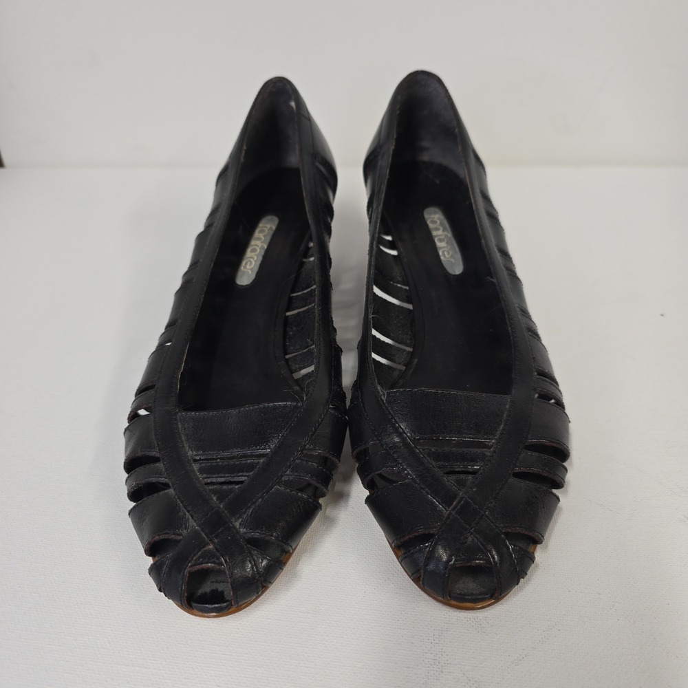 Vintage Fanfares Womens Black‎ Leather Peep Toe Wedge Heels Size 7.5 Narrow